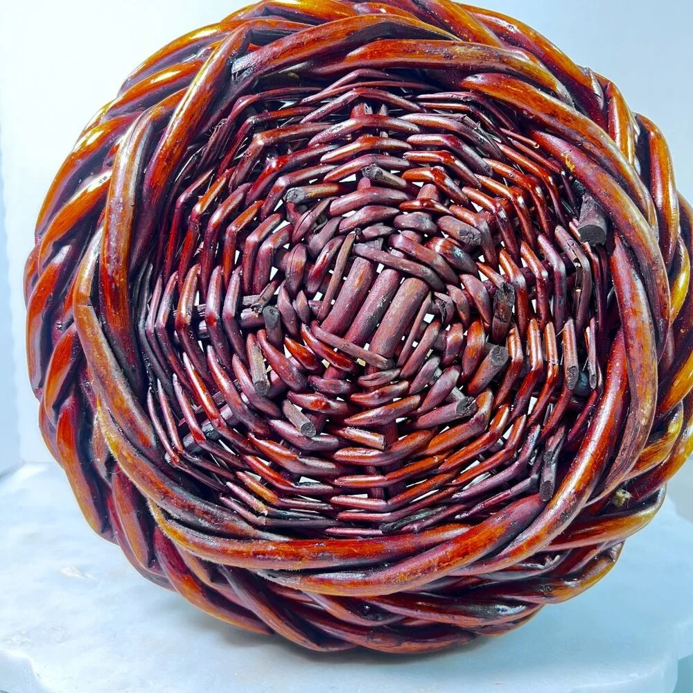 Vintage Round Basket Woven Handcrafted Brown‎ Rattan Wicker Twisted Rope Handle